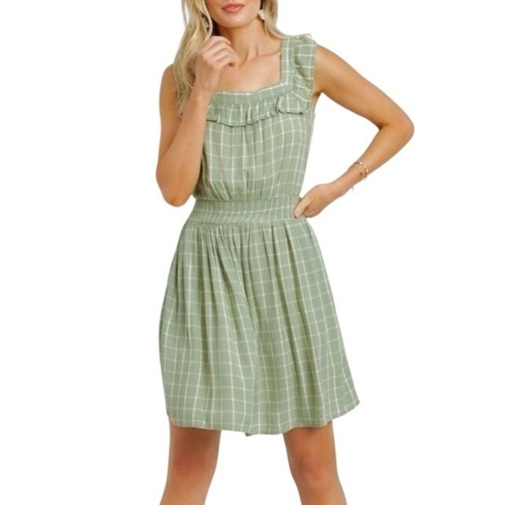 Maurices Green/White Plaid Ruffle Trim Dress